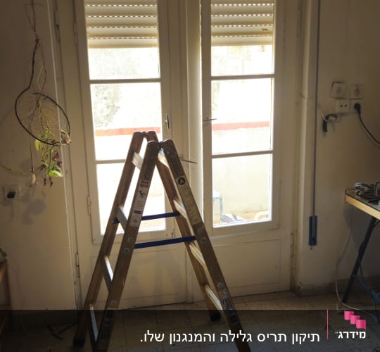 סולם מול חלון עם תריסים בחדר
